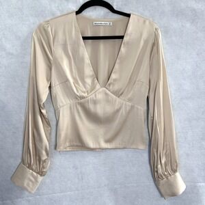 ABERCROMBIE FITCH Women Satin Crop Long Sleeve Pullover VNeck Top Sz M Tan 45-12